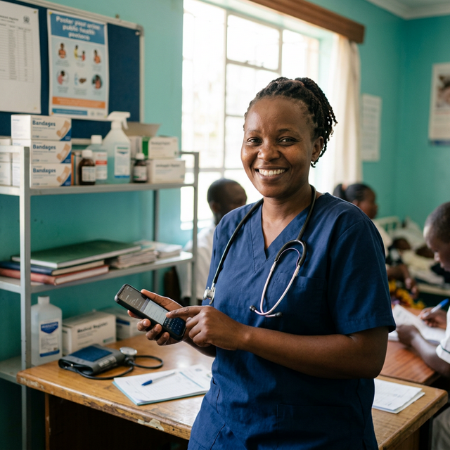 A smiling healthcare professional holding a mobile device.