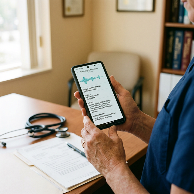 A clinician holding a phone showing the ChartLite voice-to-chart interface in a consultation room.